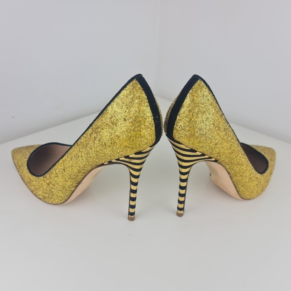 J.Crew Women Roxie Black Gold Glitter Striped Heels Party Size 9 Leather - Picture 9 of 16